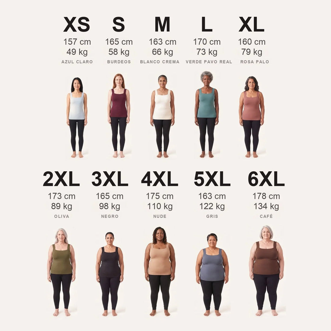 Guía de tallas de la XS a la 6XL