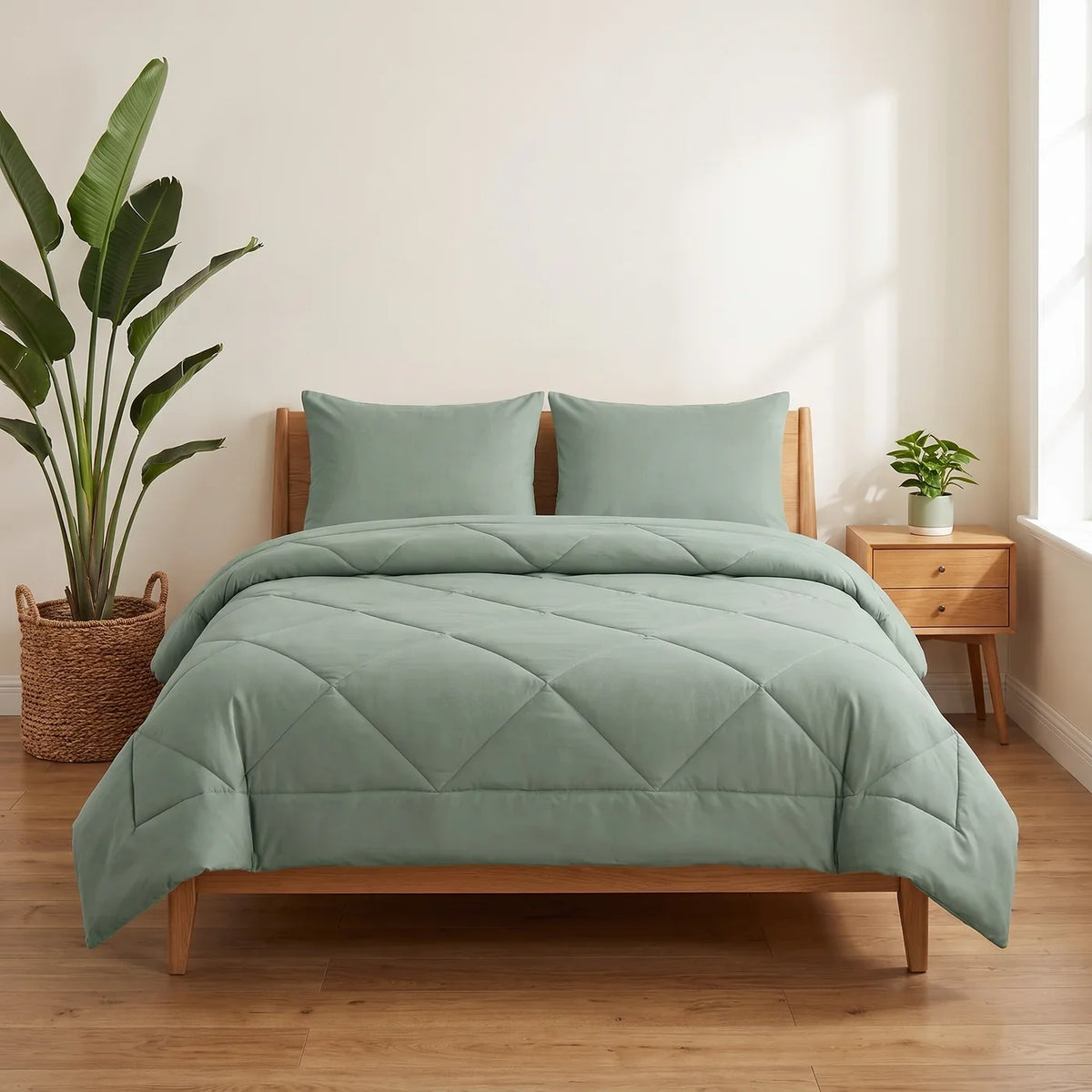 Edredón verde menta sobre una cama luminosa Imagen