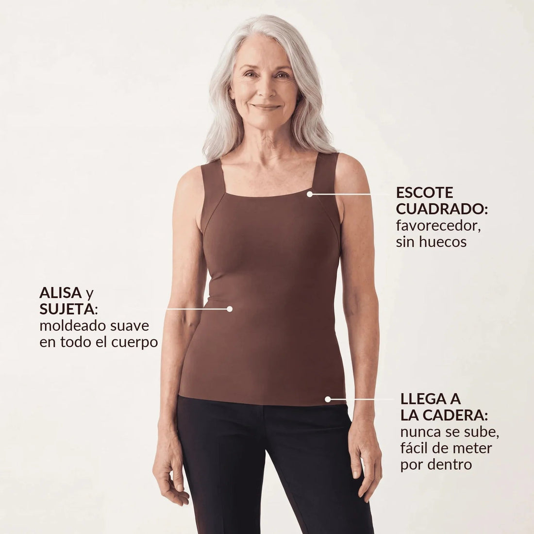 Escote cuadrado, alisa y llega a la cadera
