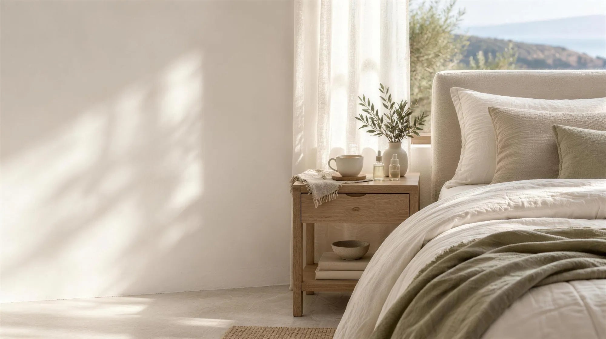 Dormitorio luminoso con ropa de cama de lino y luz de mañana