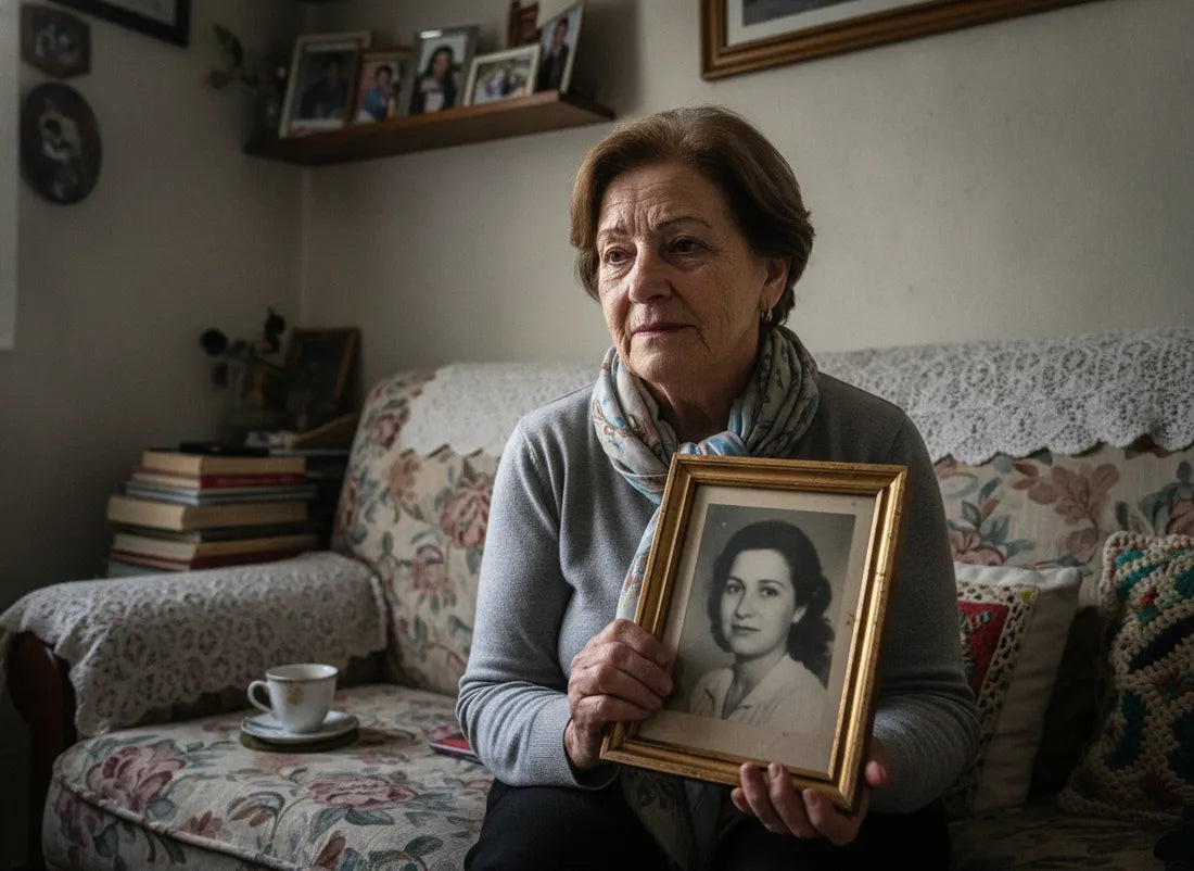 Mujer mirando una foto antigua