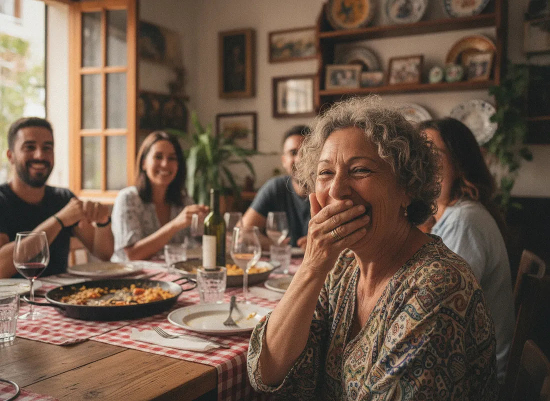 Mujer tapándose la boca al reír
